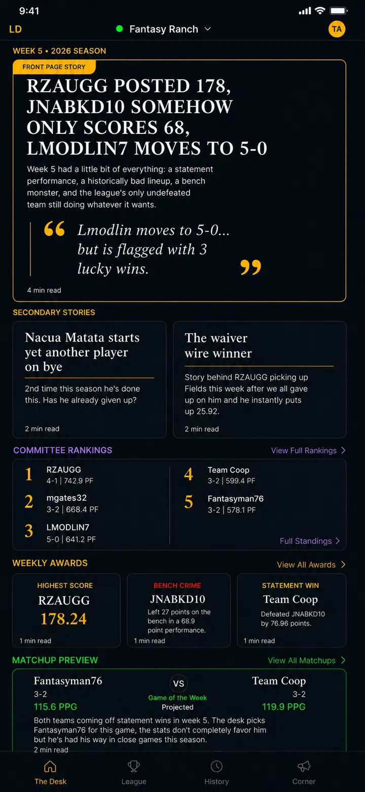 League Desk app showing the weekly front page with top story, secondary stories, committee rankings, weekly awards, and matchup preview